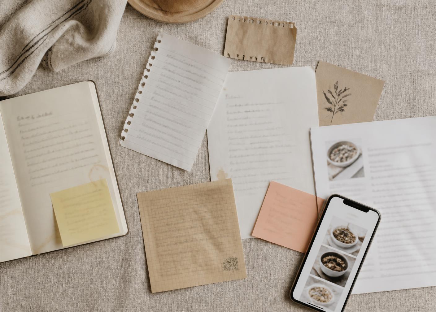 Receitas anotadas em papéis e prints espalhados